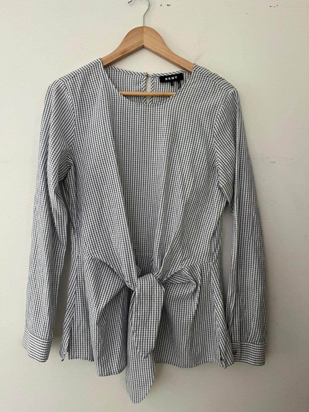 DKNY Black and White Gingham Tie-Front Top